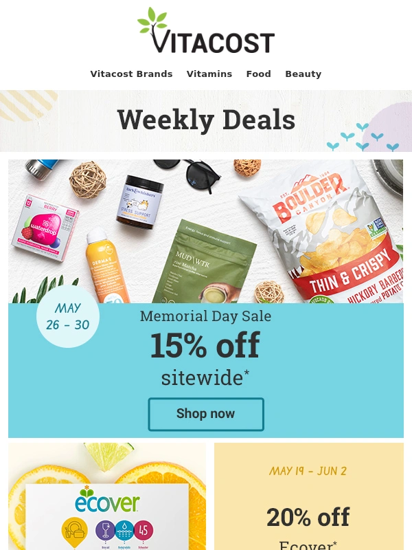 Vitacost - Weekly Deals: 15% Off Sitewide Memorial Day Sale + More