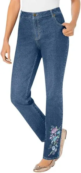 Woman Within Plus Size Floral Embroidery Straight-Leg Stretch Denim Jean