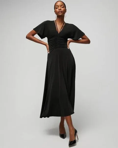 White House Black Market Petite Short-Sleeve Ruched Front Midi Dress