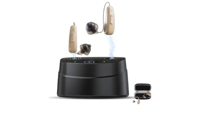 Hearing Aids, Hearing Aids for Seniors, Rechargeable Hearing Aid with Noise Cancellation, 5-Level Button Volume Control, OTC Hearing Amplifier for Moderate Hearing Loss, Clear Sound