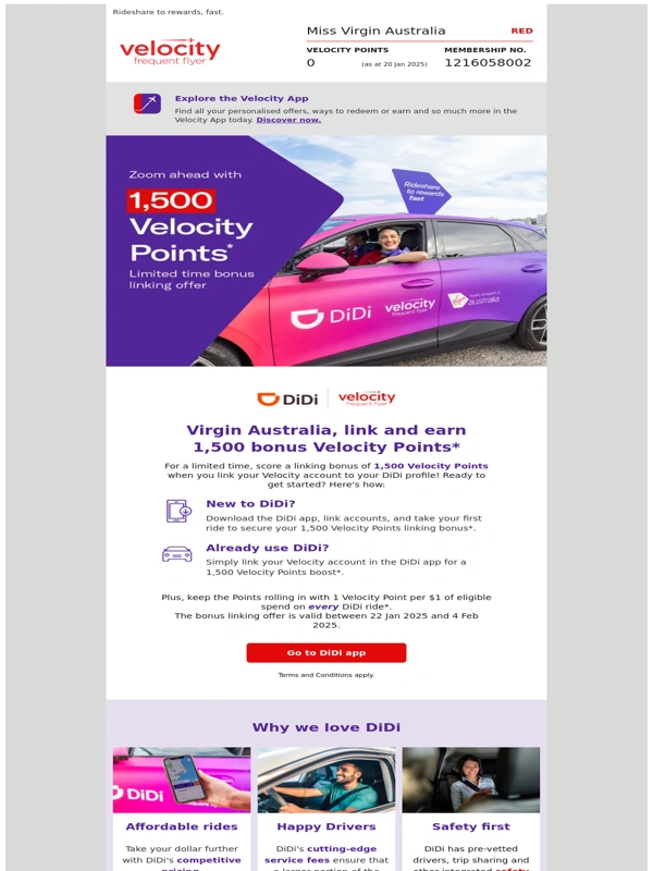 Virgin Australia US - Earn 1,500 Velocity Points with DiDi