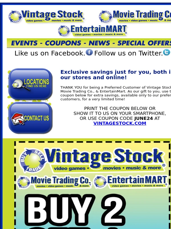 Vintage Stock - Buy 2,Get 1 Free COUPON! June 10-13 only