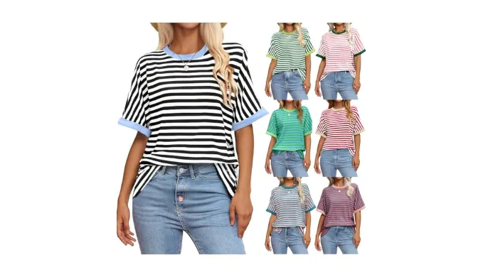 Women Summer Oversized T Shirts Striped Crewneck Short Sleeve Tops Blouse Casual Fashion Loose Fit Y2k Basic Tee 2025 Black