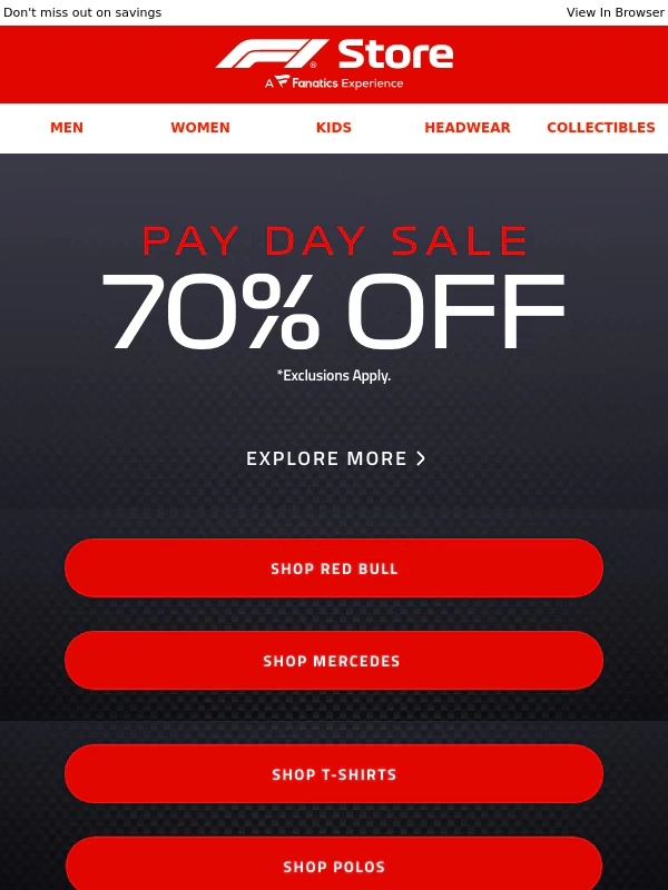 F1 Store - PAYDAY SALE | Up to 70% Off Selected Lines!