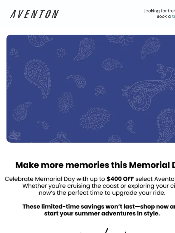 Aventon - ENDING SOON: $400 OFF Select Ebikes this Memorial Day❤️?