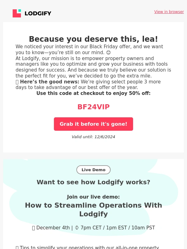 Lodgify - Just for you: 50% off extended ?