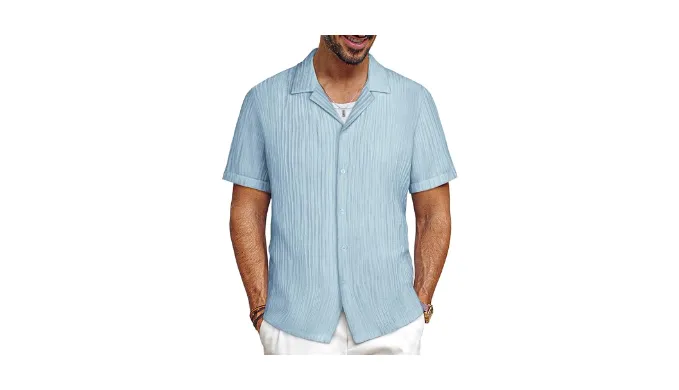 PJ PAUL JONES Mens Casual Shirts Summer Short Sleeve Textured Shirts Summer Cuban Collar Shirts