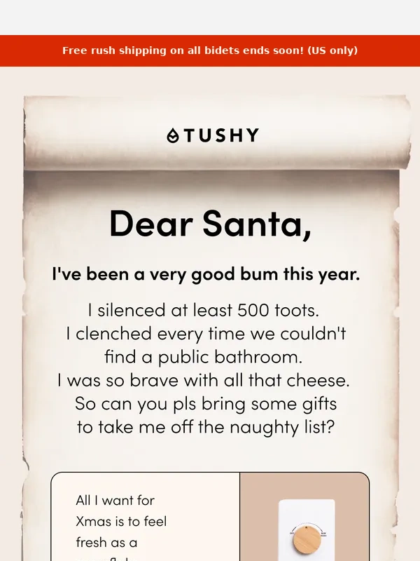 Tushy - A letter to Santa from your bum