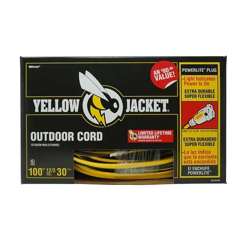 100' Woods Yellow Jacket 12/3 SJTW Outdoor Extension Cord w/ Lighted Ends
