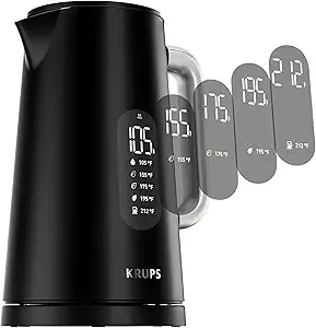 KRUPS Smart Temp Electric Kettle: 1.7L Capacity, 5 Precise Temperature Settings, Digital Display, Cool-Touch Exterior, Cordless Design for Tea and Coffee Lovers