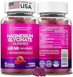 Magnesium Glycinate Gummies 600mg, Non-GMO, Gluten-Free, Magnesium Gummies for Adults & Kids, Sleep, Relaxation & Focus, Mixed Berry Flavor, 60 Count $13.99 at Amazon