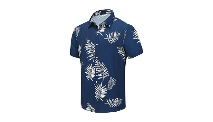 SheLucki Mens Hawaiian Shirts Short Sleeve Casual Button Down Shirts Summer Tropical Floral Beach Shirt Leaf Deepblue 1-078 2XL