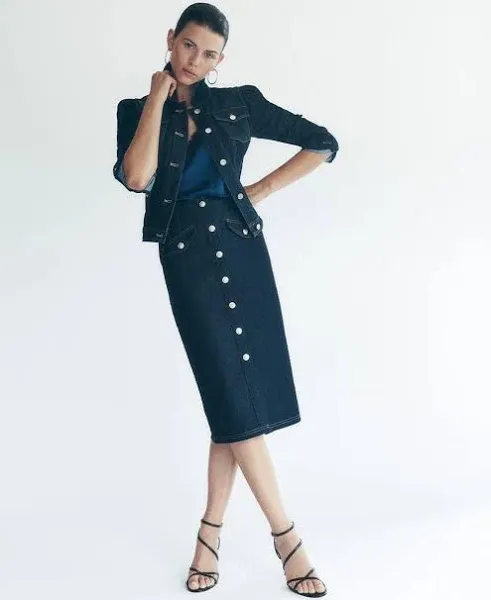 White House Black Market Women's Button Front Denim Midi Skirt