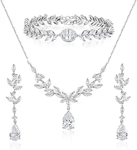SWEETV Bridal Jewelry Set for Wedding, Cubic Zirconia Necklace Dangle Earrings Bracelet Set, Teardrop Marquise Brides Bridesmaids Wedding Prom Jewelry Sets for Women