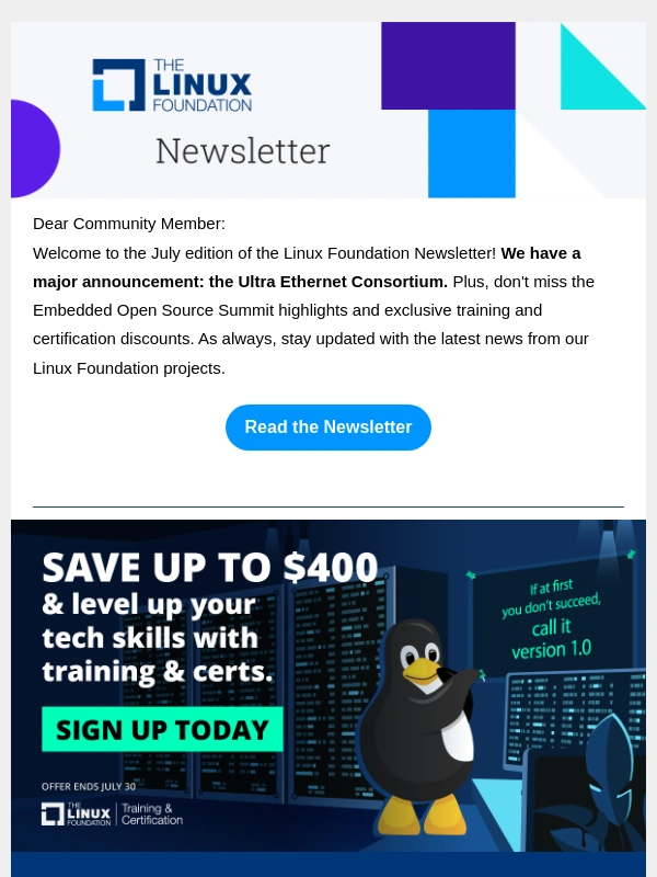 Linux Foundation - Ultra Ethernet Consortium,Embedded Open Source Summit;  training & certification discounts; new research,and more!❗?❗