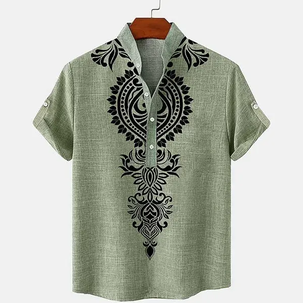 Men's Linen Shirt Henley Shirt Retro Shirts Vintage Shirt Ethnic Shirt Ethnic Vacation Daily Green Khaki Beige Short Sleeve Mandarin Collar Summer Spr