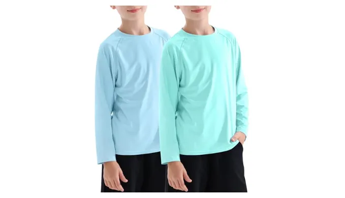 Dizoboee Boys Rash Guard Long Sleeve Swim Shirt UPF 50+ Sun UV Protection Rashguard Kids Beach Fishing Shirts, 2 Pack, Aquamarine+Light Blue XS