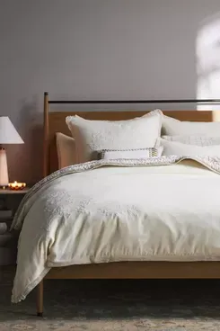 Anthropologie Elinor Cotton Linen Embroidered Duvet Cover - Queen