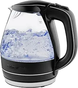 Ovente Glass Electric Kettle Hot Water Boiler 1.5 Liter Borosilicate Glass Fast Boiling Countertop Heater