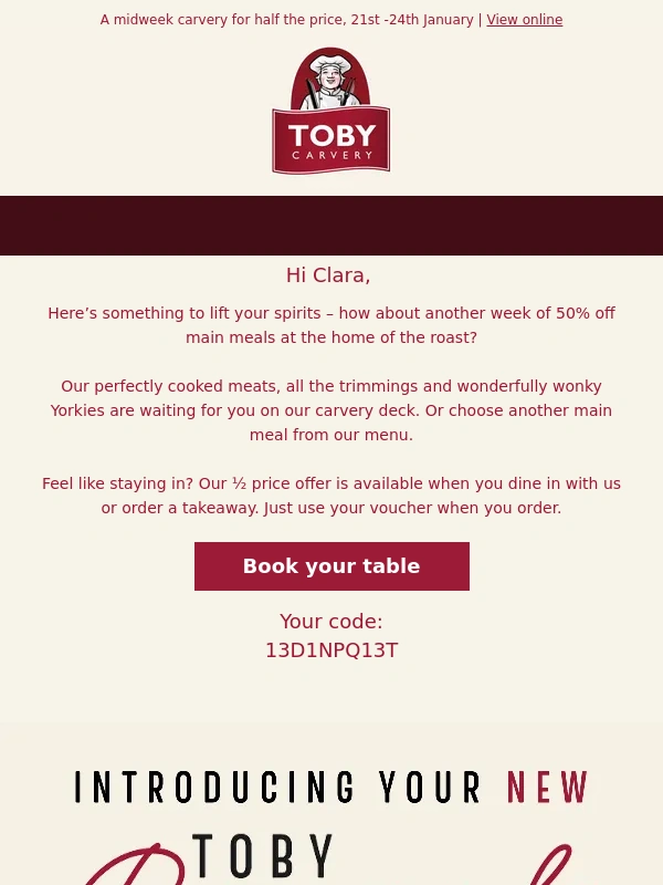 Toby Carvery - Beat the winter blues with 50% off at Toby ?