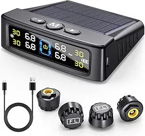 GEARGO RV Tire Pressure Monitoring System – TPMS Tire Pressure Monitor System(0-99 PSI) with Solar Charger, RV TPMS with 4 sensors & 6 Alarm Modes, LCD Display(4 sensors)