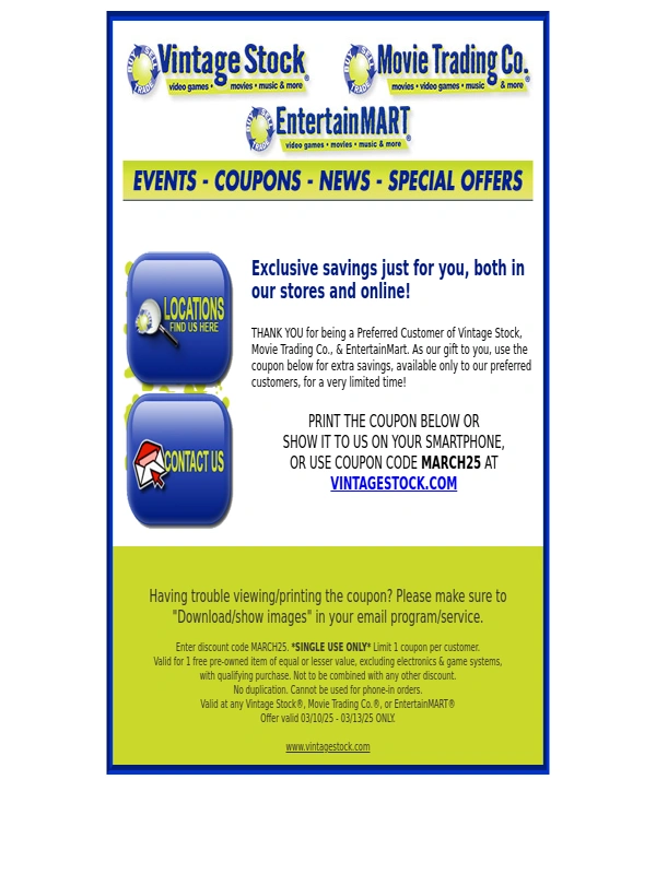Vintage Stock - Buy 2,Get 1 Free COUPON! March 10-13 only