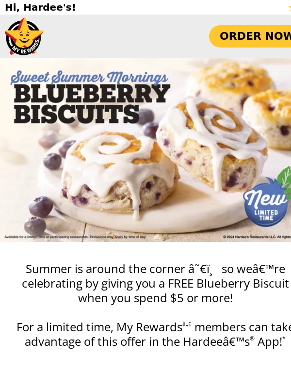 Hardees - ? Limited Time - Spend $5 and get a FREE Blueberry Biscuit ?