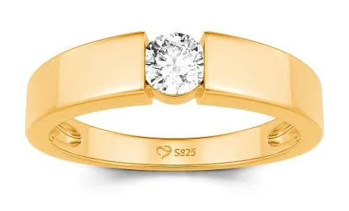 Jeulia Simple Round Cut Men Engagement Ring Gold Plated Silver
