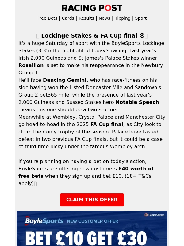 Racing Post - ? £40 in free bets for a huge Saturday of sport ?⚽