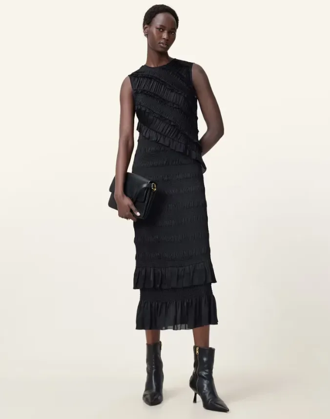 Nyla Sleeveless Shirred Midi Dress