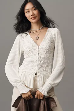 Anthropologie Long-Sleeve Smocked V-Neck Top
