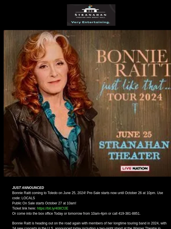 GoDaddy - Bonnie Raitt coming to Toledo on June 25,2024