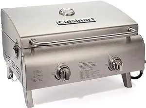 Cuisinart Chef's Style Tabletop Portable Propane Gas Grill with Dual Burners (20,000 BTUs Total), Twist-Start Ignition Stainless Steel BBQ Grill for Camping, Tailgates, BBQ, Hassle-Free Setup