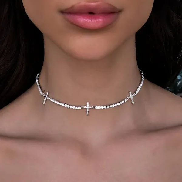 GLD 14K White Micro Tennis Cross Necklace