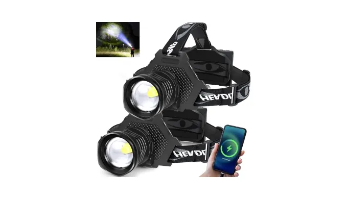 Aikertec Rechargeable LED Headlamp 100000 Lumen, Super Bright Head Lamp Flashlight with 5 Lighting Modes, IPX6 Waterproof, Zoomable Headlight for Camping, Hiking, Fishing, Biking, Running (2 Pack)