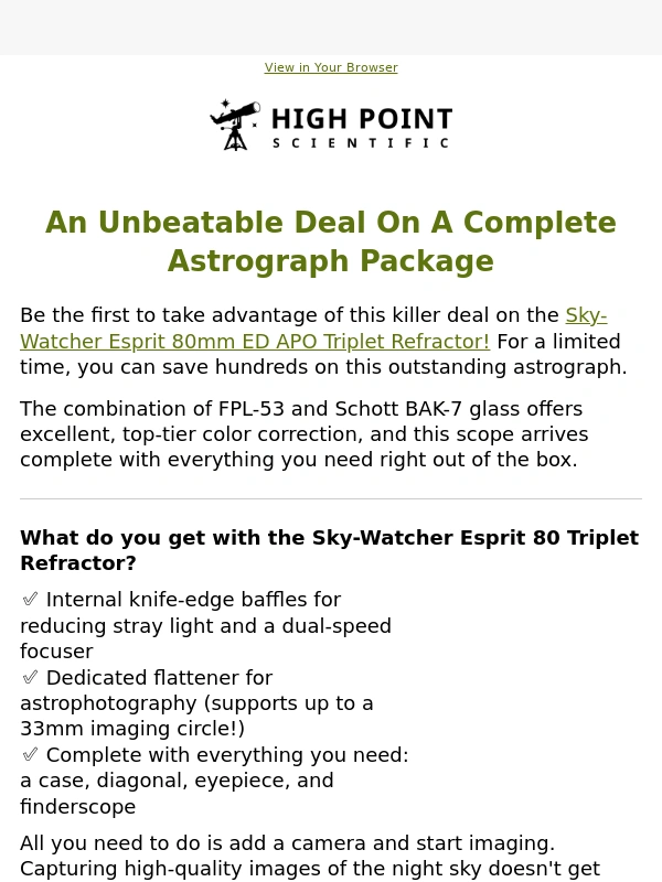 High Point Scientific - 37% Off Sky-Watcher Astrophotography Scope - Very Limited Offer