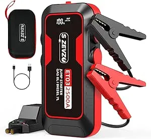 S ZEVZO ET03 Car Jump Starter 2500A Jump Starter Battery Pack for Up to 8.0L Gas and 7.0L Diesel Engines, 74Wh Portable 12V Jump Box with USB Ports, LCD Display, Storage Case, and LED Light