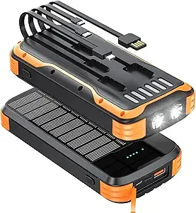 MINRISE 40000mAh Solar Power Bank Phone Charger w/ 4 Built-In Cables & Dual-Flashlights