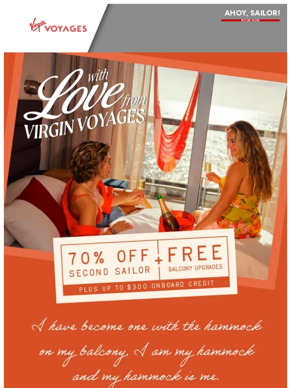 Virgin Voyages - Take a swing into savings with 70% off your 2nd Sailor