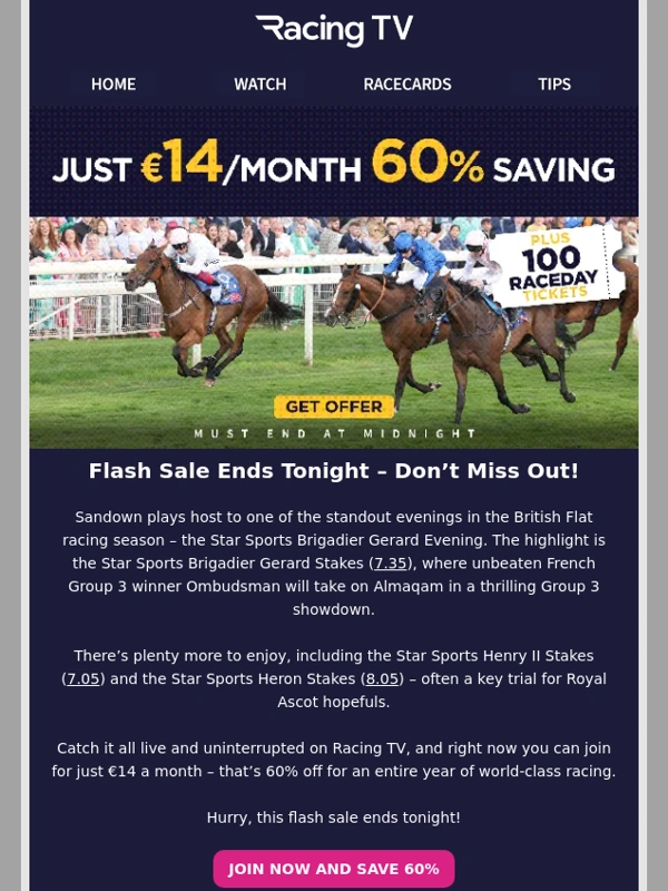 Racing TV - Flash Sale: Get 60% off Racing TV – offer ends tonight! ?