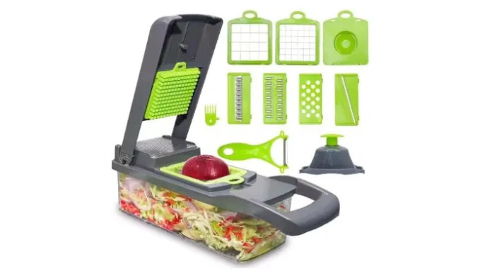 LSLCQW Multifunctional Vegetable Chopper – 16 in 1 Food Chopper With 8 Blades, Slicer, Dicer, Cutter for Onions, Carrots and More – Container Included (Grey)