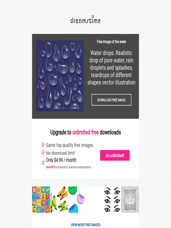 DreamsTime - Free image of the week: Water drops. Realistic drop of pure water,rain droplets and splashes,teardrops of different shapes vector illustration