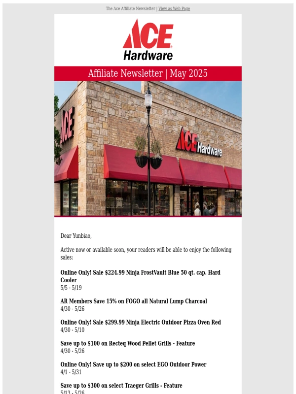 Ace Hardware - Fwd: Ace Hardware: Save Big—Coolers,Pizza Ovens & Charcoal Deals Inside!