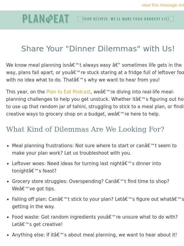 Plan to Eat - Share Your "Dinner Dilemmas" with Us!
