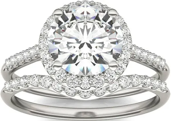 Charles & Colvard Moissanite Round Hearts & Arrows Halo Bridal Set Engagement Ring
