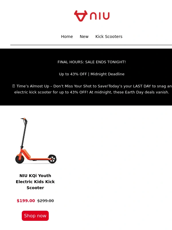 NIU - LAST CHANCE! Earth Day Sale Ends TONIGHT – Up to 43% OFF Electric Scooters!