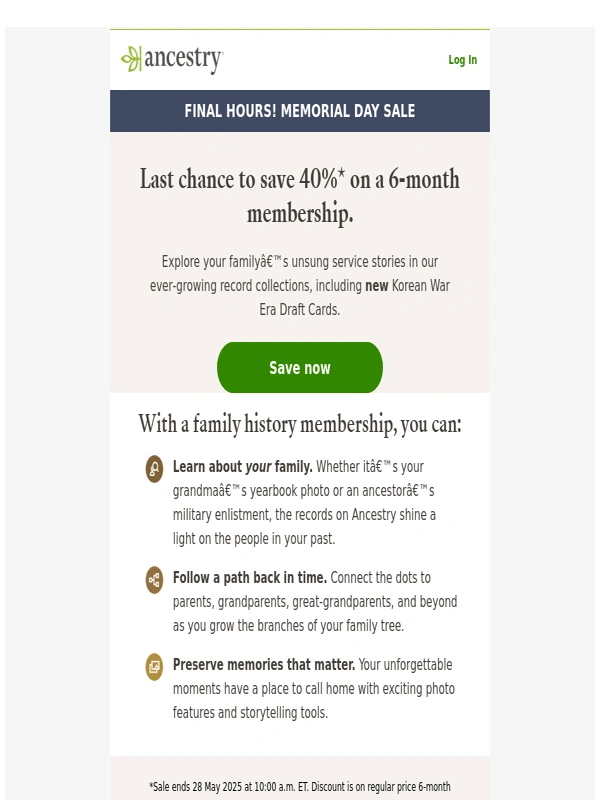 Ancestry - HOURS LEFT: 40% off memberships!