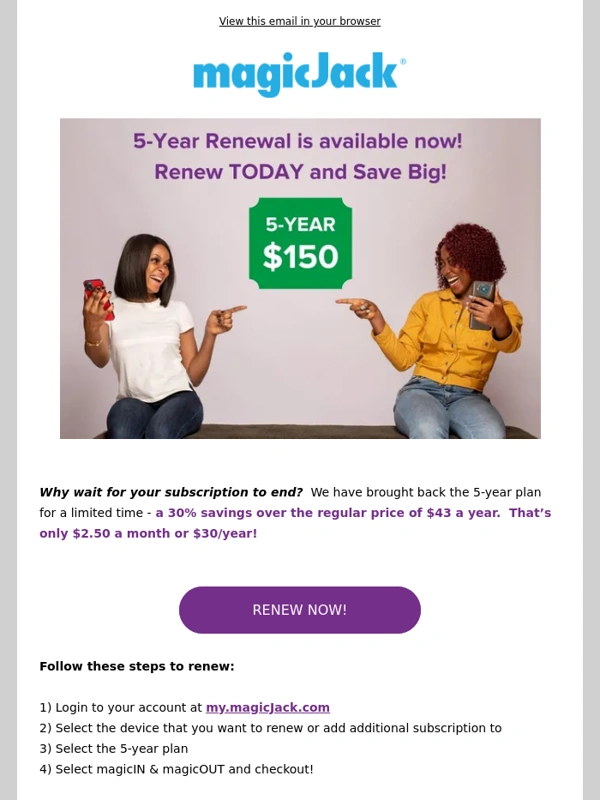 MagicJack - ⏰ Expiring Soon? Renew now for as low as $30/year with the 5-Year Plan