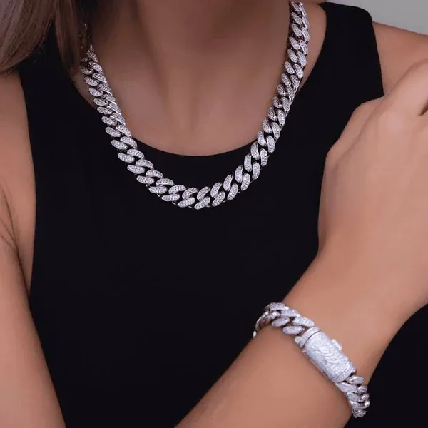 GLD White Gold Diamond Cuban Link Necklace + Bracelet Bundle