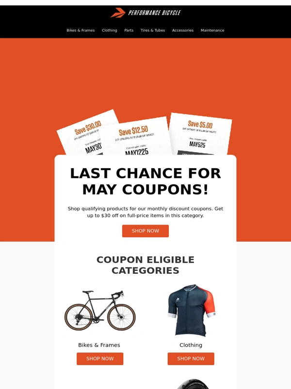 Performance Bike - Last Chance for May Coupons!